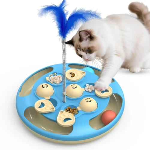 Interactive Cat Puzzle Toy with Track Balls, Feather Teaser & Treat Feeder - Blue