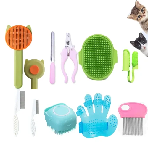 10PCS Grooming Kit: Brush, Massage Glove, Nail Clipper & Flea Comb for Cats and Dogs